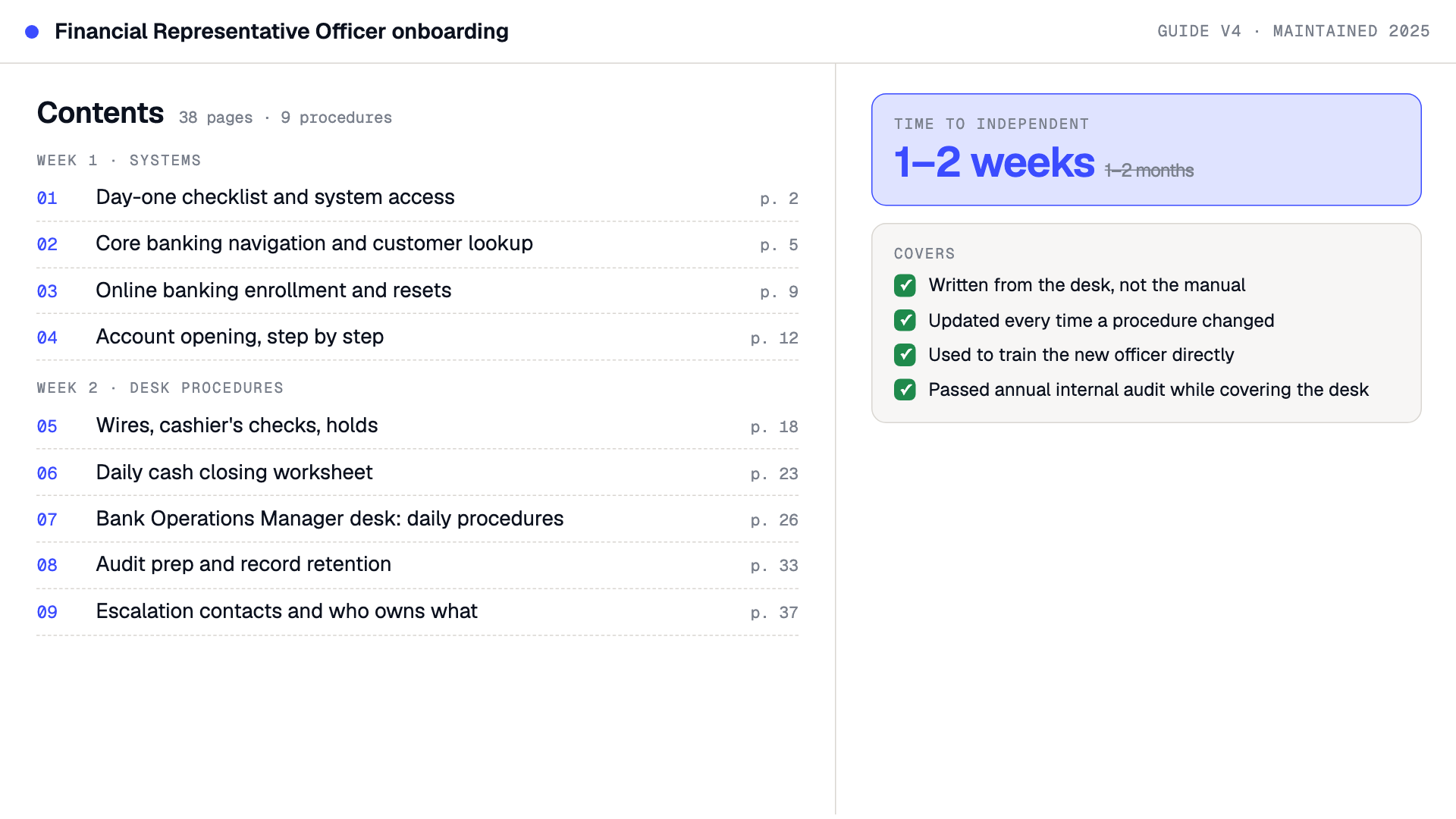 Mock of the onboarding guide contents: nine procedures across two weeks, with time to independent down from one or two months to one or two weeks