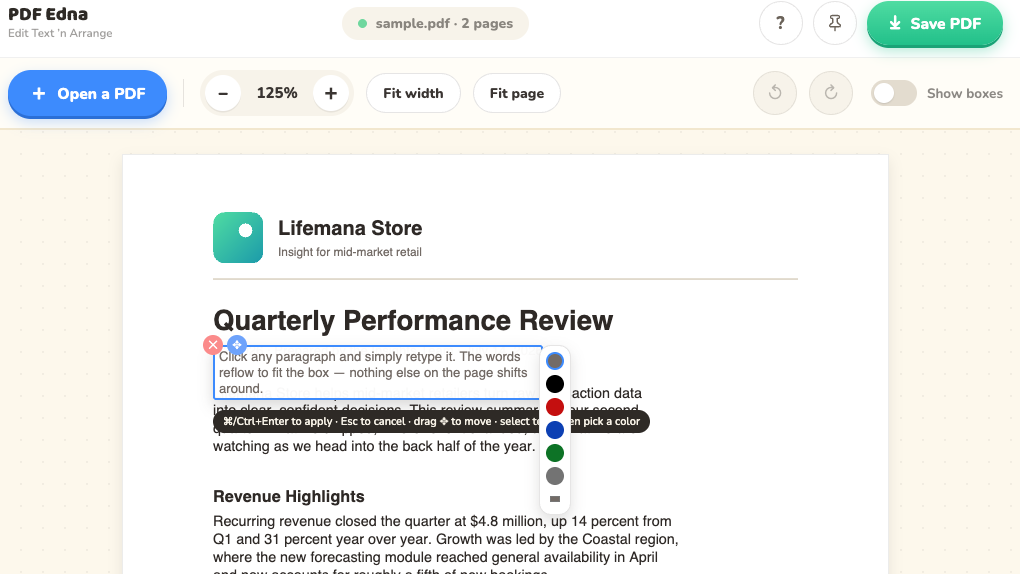 PDF Edna: a paragraph clicked and retyped inside a PDF, the words reflowing to fit the box