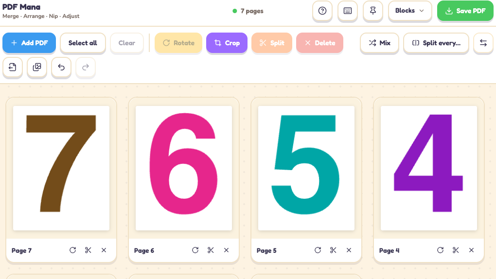 PDF Mana: a seven-page document laid out as a grid of page thumbnails with rotate, crop, split and delete controls